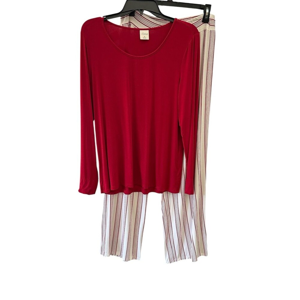 Soma Cool Nights Pajama Set Red Scoop Neck Long Sleeve Tee Striped Pants Medium